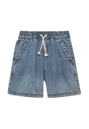 Hellblaue Jeansshorts mit elastischem Bund und weißem Kordelzug, ausgestattet mit zwei Vordertaschen und kontrastfarbiger Naht.