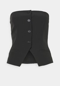 Top nero senza spalline con un design strutturato, caratterizzato da una chiusura frontale con bottoni e tasche laterali, realizzato in tessuto morbido con una silhouette aderente.