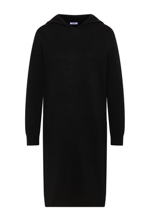 Schwarzes gestricktes Kleid mit Kapuze, langen Ärmeln und lockerem Sitz. Der Stoff hat einen dezenten Schimmereffekt und gerippte Ärmelbündchen.