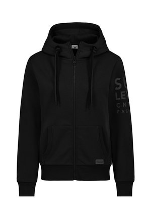 Black zip-up hoodie made of soft fabric, featuring a kangaroo pocket, drawstring hood, and logo detailing on the sleeve.