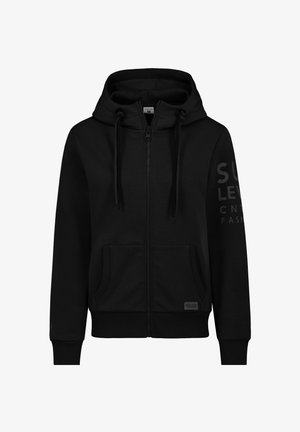 Schwarze Zip-Hoodie aus weichem Stoff, mit einer Kängurutasche, Kordelzugkapuze und Logodetails am Ärmel.