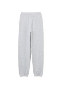 Graue Sweatpants aus weichem Material, ausgestattet mit einem elastischen Bund und schmal zulaufenden Bündchen für einen bequemen Sitz. Keine sichtbaren Muster oder Akzente.