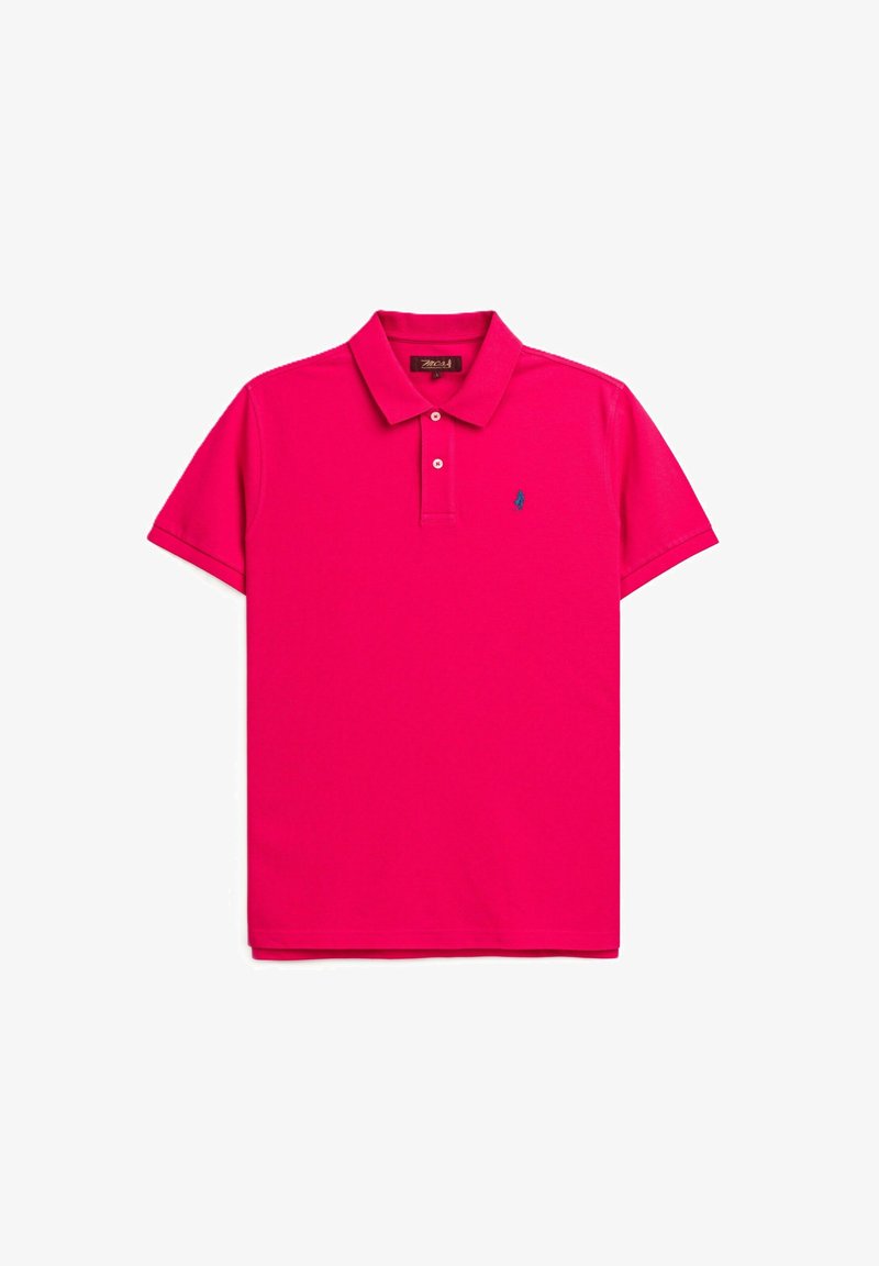 Polo in cotone rosa brillante con colletto classico, maniche corte e tre bottoni. Presenta un piccolo logo blu sul petto.