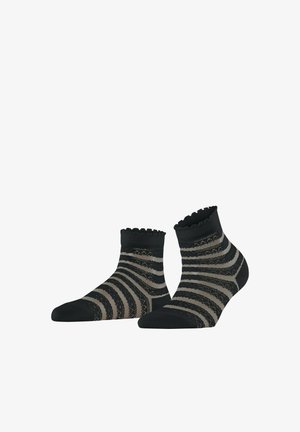 Czarno-beżowe skarpetki do kostek w paski z falistymi krawędziami oraz na przemian ułożonymi pasami pełnymi i koronkowymi.