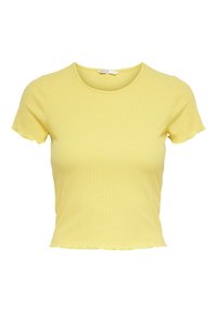 Gelbes, gestreiftes Oberteil mit kurzen Ärmeln, Rundhalsausschnitt und gewelltem Saum. Hergestellt aus dehnbarem Stoff für eine enganliegende Silhouette.