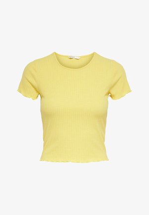 Kollane ribadega lühikeste varrukatega topp ümmarguse kaelusega ja lainelise äärega. Valmistatud venivast kangast, mis tagab tiheda silueti.