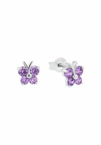 Pendientes de mariposa de plata con gemas moradas como pétalos, con un acabado pulido y diseño en forma de mariposa.