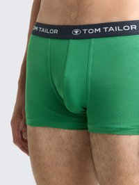 Primo piano di una persona che indossa slip boxer verde Tom Tailor, mostrando l'elastico con il nome del marchio e parte della parte superiore delle cosce e della mano.