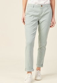 Ljusgröna bomullsbyxor med slim fit, uppvikta fållar, framfickor och knappstängning. Stylade med vita sneakers.