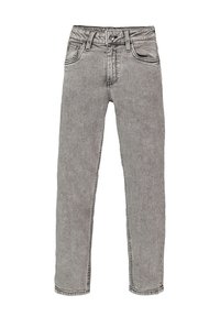 Grijze spijkerbroek, hoog in de taille met een rechte pijp, met een klassiek vijf-pocket ontwerp, gestikte details en een knoopsluiting.
