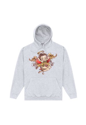 Jasnoszara bluza z kapturem z kieszenią z przodu, przedstawiająca kreskówkowego anioła ze złotymi skrzydłami, aureolą, czerwoną górą i banerem z napisem „Lil' Angel”.
