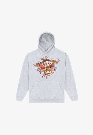 Lichtgrijze hoodie met een voorvak, bedrukt met een cartoonengel met gouden vleugels, een aureool, een rood bovenstuk en een banner met de tekst "Lil' Angel".