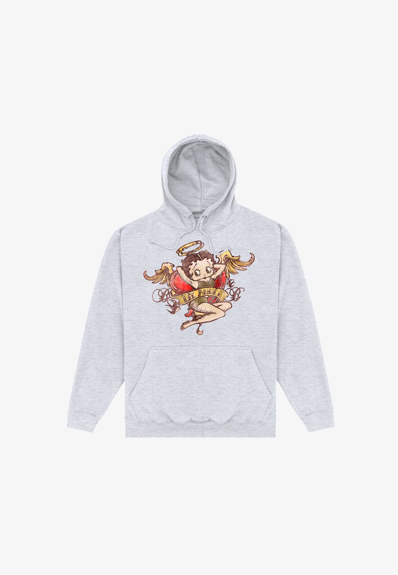 Sweat à capuche gris clair avec poche avant, arborant un ange en dessin animé aux ailes dorées, un halo, un haut rouge, et une bannière portant l'inscription "Petit Ange".