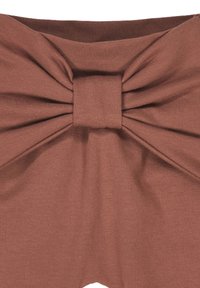 Bruine stoffen shorts met een grote, getextureerde strikaccent bij de tailleband, gemaakt van een glad materiaal met een lichte rek.