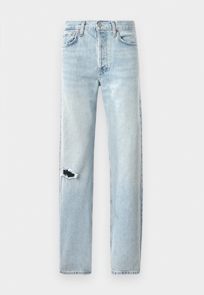 Light blue denim jeans with a straight cut, featuring a large rip on the left knee and classic five-pocket design.
