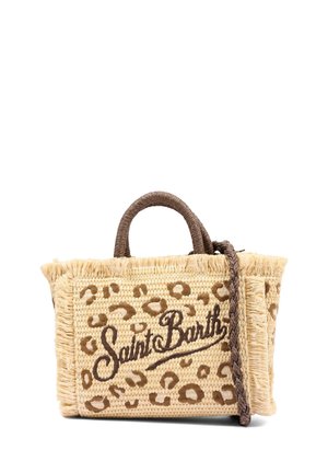 Gevlochten strohandtas met luipaardprint, franjes aan de randen, gevlochten bruine handvatten en "Saint Barth" geborduurd aan de voorkant.