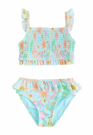 Mädchen zweiteiliger Badeanzug mit pastellfarbenen Stern- und Kometenmustern, gerafftes Crop-Top mit Rüschen-Trägern und Rüschenbesatz an den Bikinihosen.