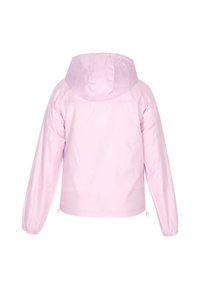 Giacca rosa chiaro con cappuccio, maniche lunghe e polsini elasticizzati. Presenta un cordoncino all'orlo e una texture liscia e lucida.