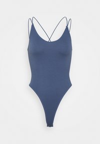 Żakardowy, ciemnoniebieski strój kąpielowy z głębokim dekoltem, cienkimi ramiączkami i krzyżującymi się detalami na plecach. Wysokie wycięcie nogawki.