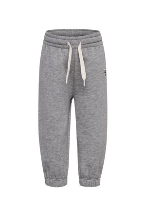 Grijze sweatpants met een elastische tailleband, verstelbare trekkoord en aangesloten enkels. Bevat een klein embleem aan de zijkant.