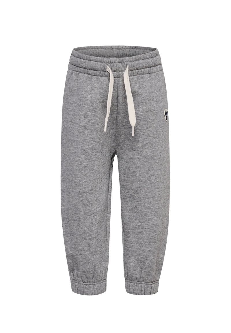 Grå sweatpants med elastisk midja, justerbar dragsko och ribbade anklar. Har ett litet emblem på sidan.