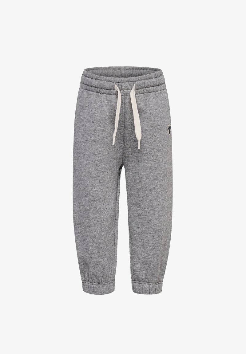 Graue Sweatpants mit elastischem Bund, verstellbarem Kordelzug und Bündchen an den Knöcheln. Mit einem kleinen Emblem an der Seite.