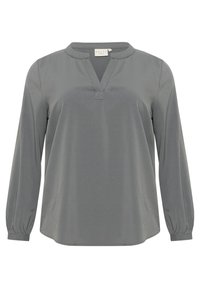 Grey long-sleeve blouse with a V-neck, featuring a placket, gathered cuffs, and a smooth texture. Straight hemline at the bottom.