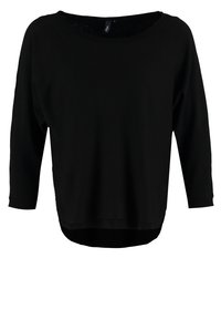 Chemise noire à manches longues, coupe ample, avec un col rond et un ourlet légèrement arrondi.