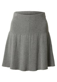 Jupe en tricot côtelé gris avec un ourlet évasé et une taille haute, fabriquée en tissu doux et extensible.