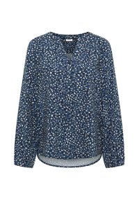 Blouse bleu marine avec un décolleté en V, des manches longues et une coupe décontractée. Présente un motif abstrait blanc et bleu clair sur l'ensemble.