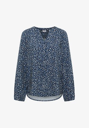 Blusa blu navy con scollatura a V, maniche lunghe e vestibilità rilassata. Presenta un motivo astratto bianco e azzurro chiaro su tutta la superficie.