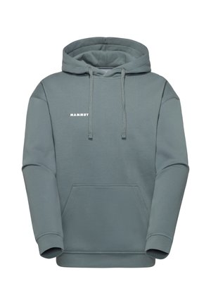 Schiefergrauer Kapuzenpullover mit Kängurutasche vorne und "Mammut"-Logo auf der Brust, mit verstellbarer Kapuze durch Kordelzug und langen Ärmeln.