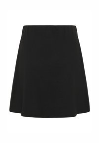 Črna A-linijska krilka iz gladkega blaga, z elastičnim pasom. Ima preprost, čist dizajn brez vzorcev ali okrasnih elementov.