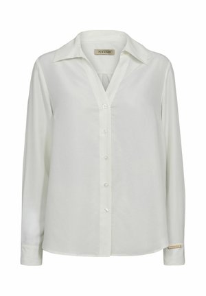 Fehér, hosszú ujjú blúz sima anyagból. Gallérral, gombos záródással és egy logóval ellátott címkével a bal ujj mandzsettáján.