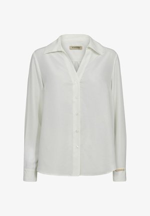 Biela blúzka s dlhým rukávom vyrobená z hladkej látky. Má golier, zapínanie na gombíky a logo na manžete ľavého rukáva.