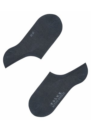Navy low-cut socks made of breathable material with a smooth texture, featuring reinforced toes and a logo printed on the side.