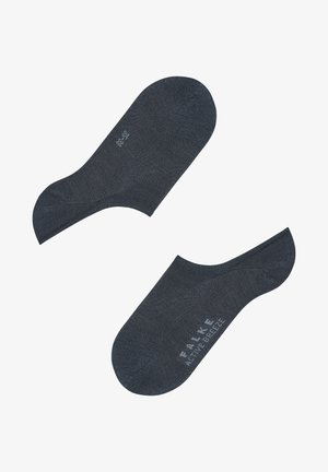 Navy low-cut socks made of breathable material with a smooth texture, featuring reinforced toes and a logo printed on the side.