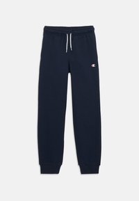 Marineblauwe joggingsbroek van zacht materiaal, met een elastische tailleband met trekkoorden en gebreide enkels, met een klein logo aan de zijkant.
