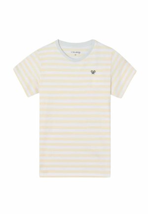 Camiseta unisex de manga corta con finas rayas horizontales blancas y amarillo pálido y un pequeño logo negro bordado en el pecho izquierdo.