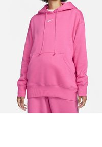 Bright pink Nike hoodie featuring a front pocket, drawstrings, and ribbed cuffs. Fabric appears soft and comfortable, designed for a relaxed fit.