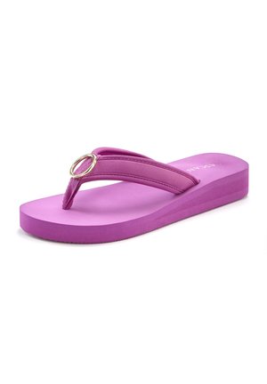 Purple platform flip-flop sandal with padded straps and a gold metal ring detail on a white background.