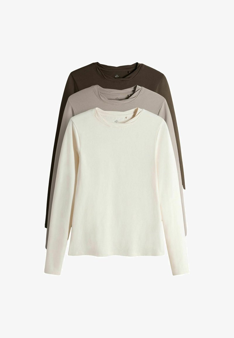 Sæt med tre langærmede t-shirts i hvid, beige og mørkebrun, med rund halsudskæring og blødt bomuldsstof.