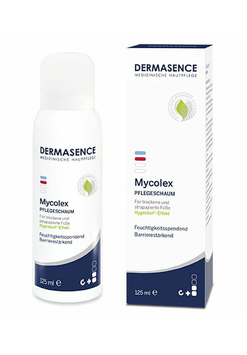 Mycolex Pflegefoam-Flasche, weiß mit blauen und roten Akzenten, zylindrische Form, mit einer passenden Verpackung, die ein Blattlogo und Produktdetails zeigt.