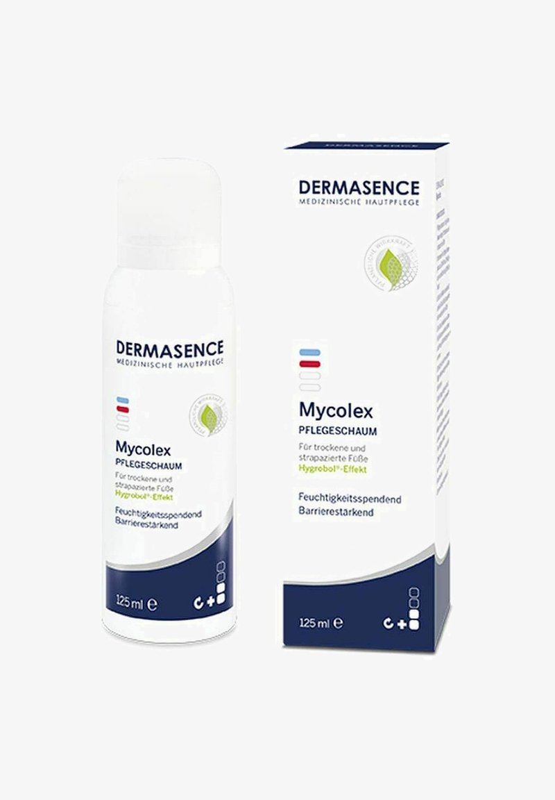 Mycolex Pflegefoam-Flasche, weiß mit blauen und roten Akzenten, zylindrische Form, mit einer passenden Verpackung, die ein Blattlogo und Produktdetails zeigt.