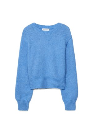Blauer, kurz geschnittener Pullover aus weichem, strukturiertem Material. Verfügt über einen runden Halsausschnitt und lange, leicht aufgebauschte Ärmel mit gerippten Bündchen.