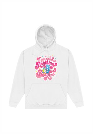 Weißer Kapuzenpullover mit einer Fronttasche, der ein farbenfrohes Design zeigt, das "Wenn du alles sein kannst, sei freundlich" mit Cartoon-Bären abbildet.