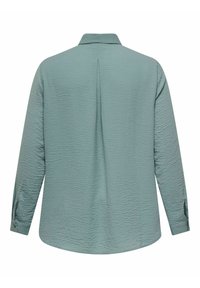 Long-sleeve shirt in soft, textured light green fabric with a collared neckline and back pleat detail. Subtle button accents at cuffs.