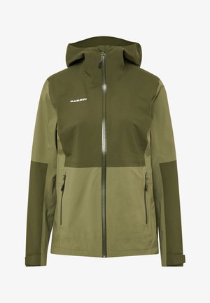 Wasserfeste olivgrüne Jacke mit durchgehendem Reißverschluss, verstellbarem Hoodie und Seitentaschen. Besitzt eine Mischung aus matten und glänzenden Texturen.