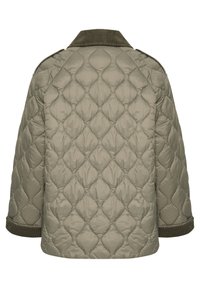 Prešívaná bunda v olivovej zelenej farbe s diamantovým vzorom, rebrovanými manžetami a dizajnom goliera. Má voľný, oversized strih a jemnú textúru.