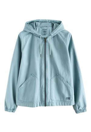 Light blue hooded jacket with front zipper, two angled front pockets, and elastic cuffs on long sleeves.